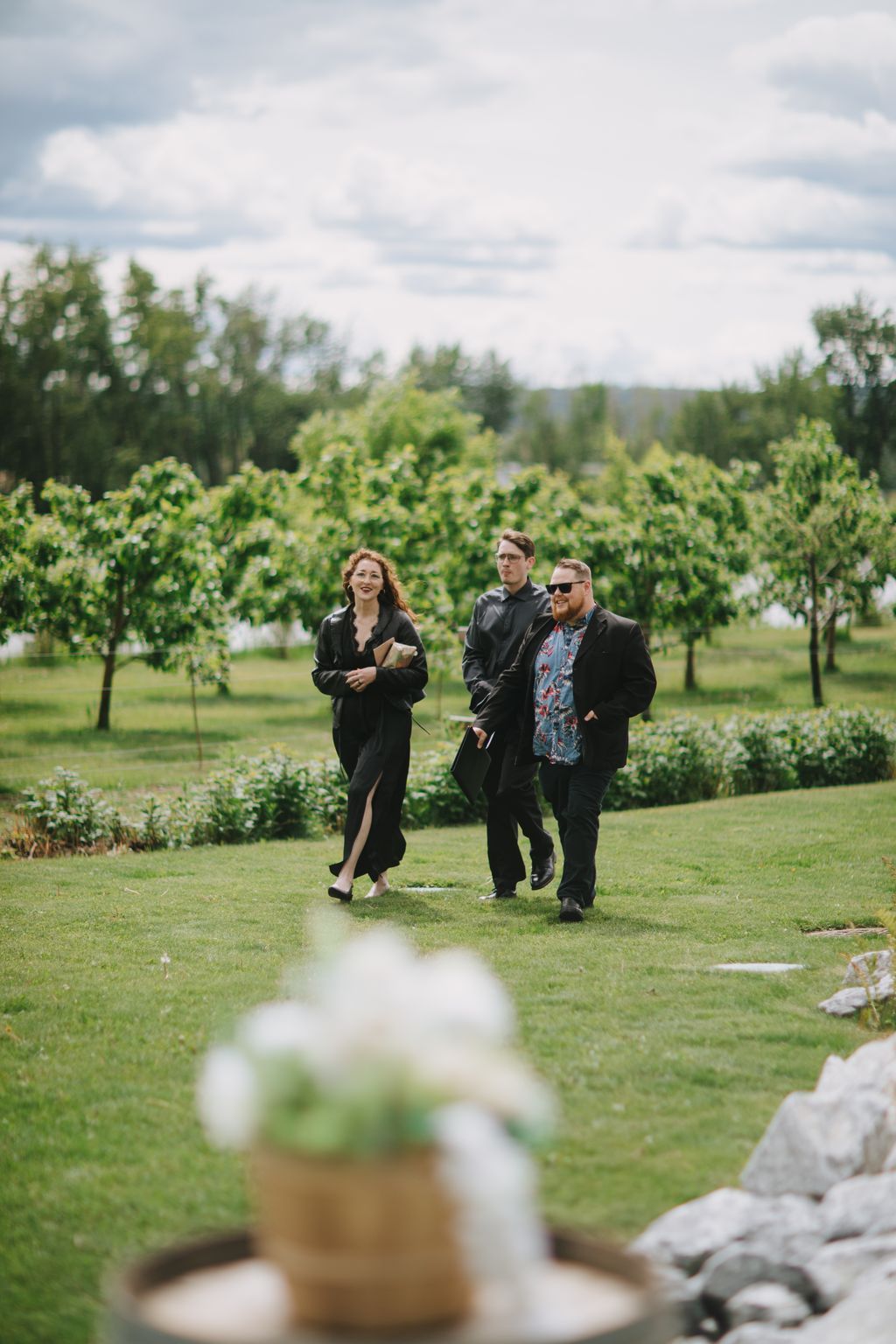 Three guests in black suits walk through a sunny vineyard with rolling hills and forest in the background
