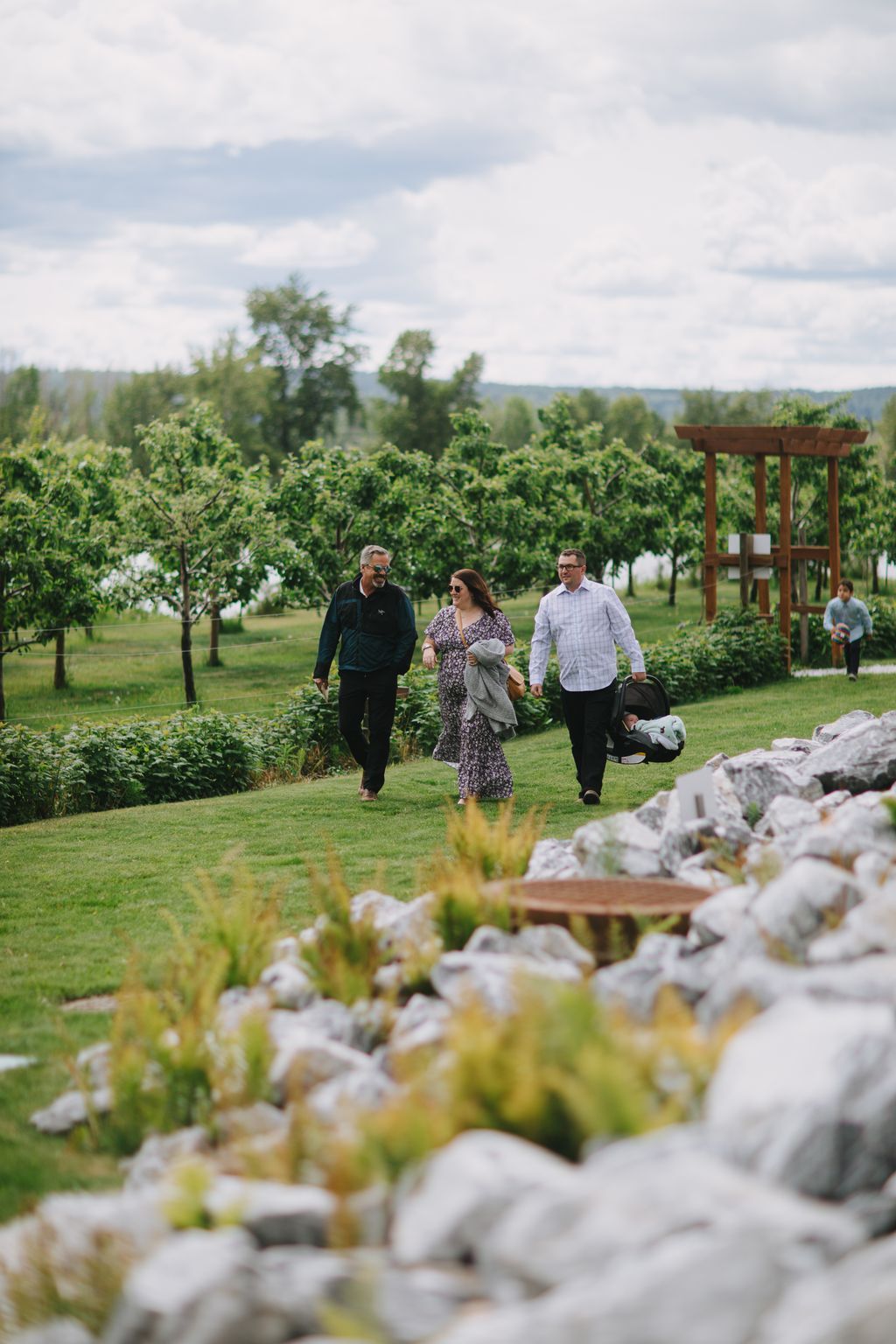Three guests walk through a vineyard on a bright, cloudy day with green vines and rolling hills in the background