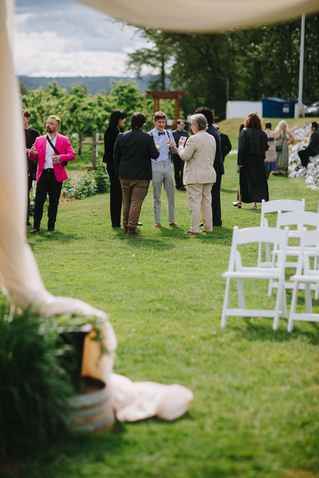 Wedding guests mingle on a sunlit lawn with mountains in the distance during an outdoor reception
