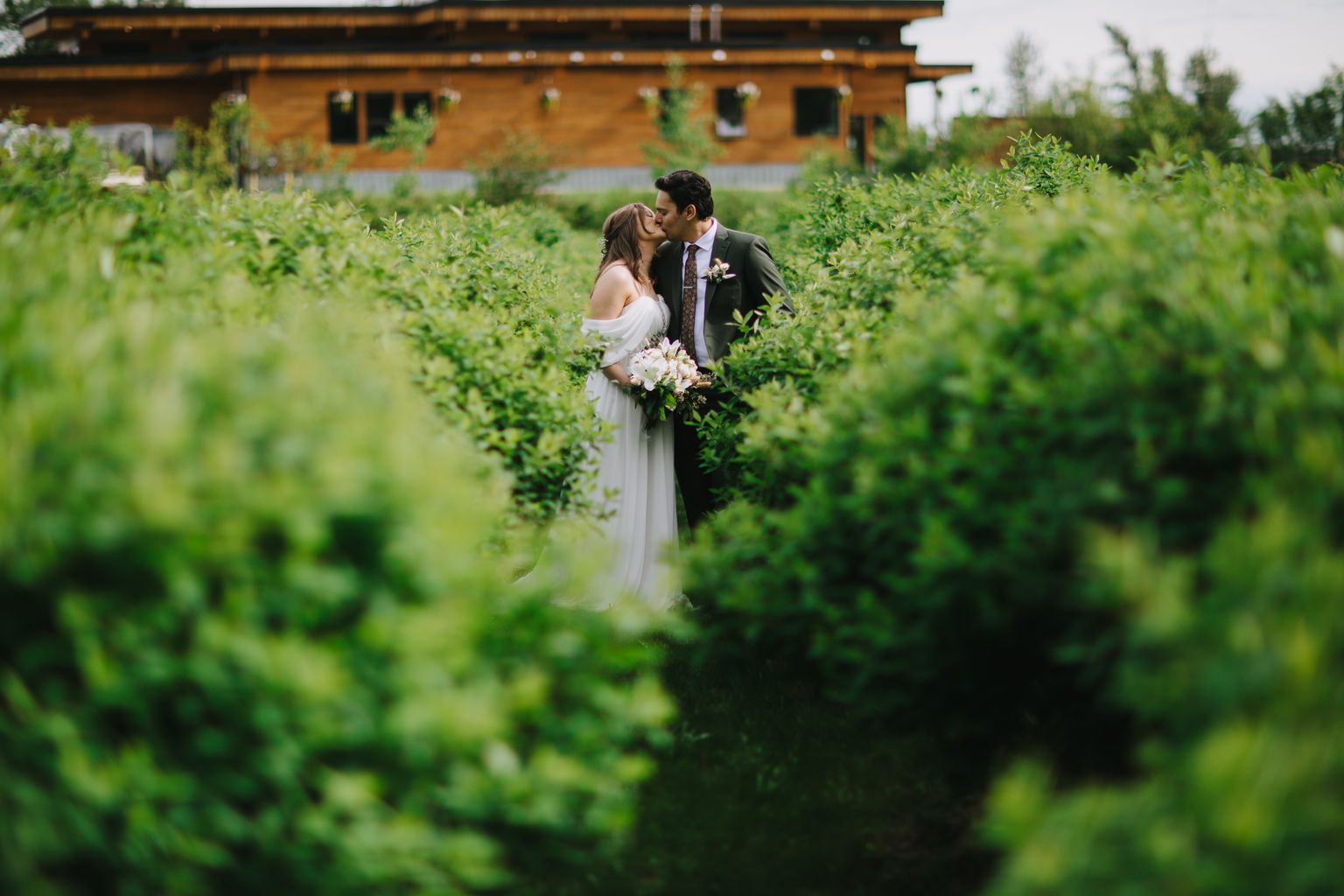 Bride and groom kiss among lush green hedges, bride holding white flower bouquet, brick building visible behind them