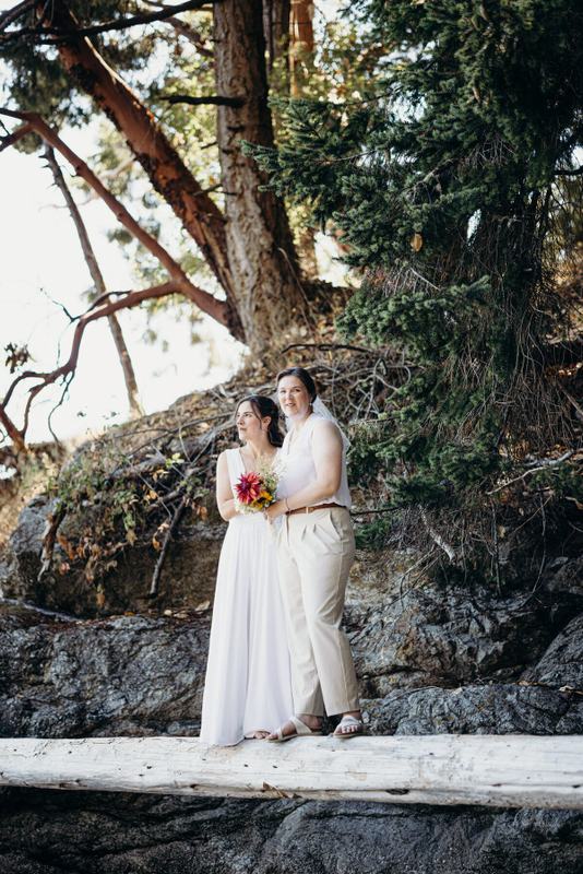 Two brides standing on a driftwood log beneath arbutus trees
