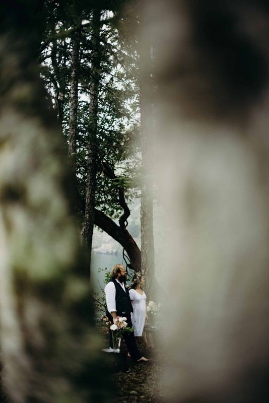 Bride and groom glimpsed through mossy trees at the water's edge