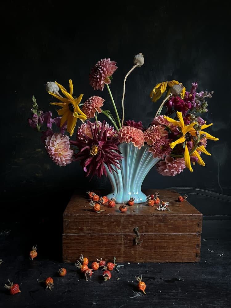 Moody dahlia arrangement with rosehips by Oh My Darlin'