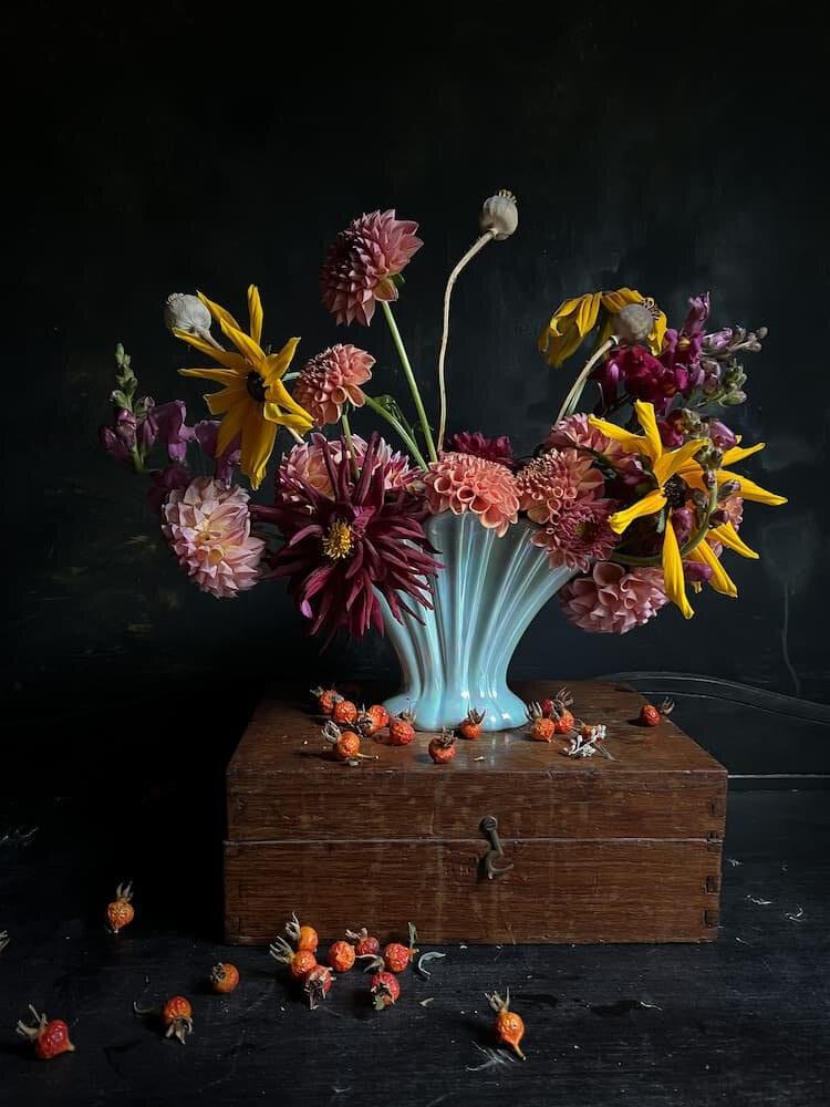 Moody dahlia arrangement with rosehips by Oh My Darlin'