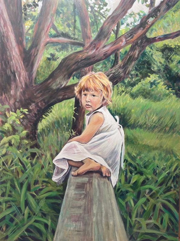 Painting of a barefoot child in white climbing a wooden bench