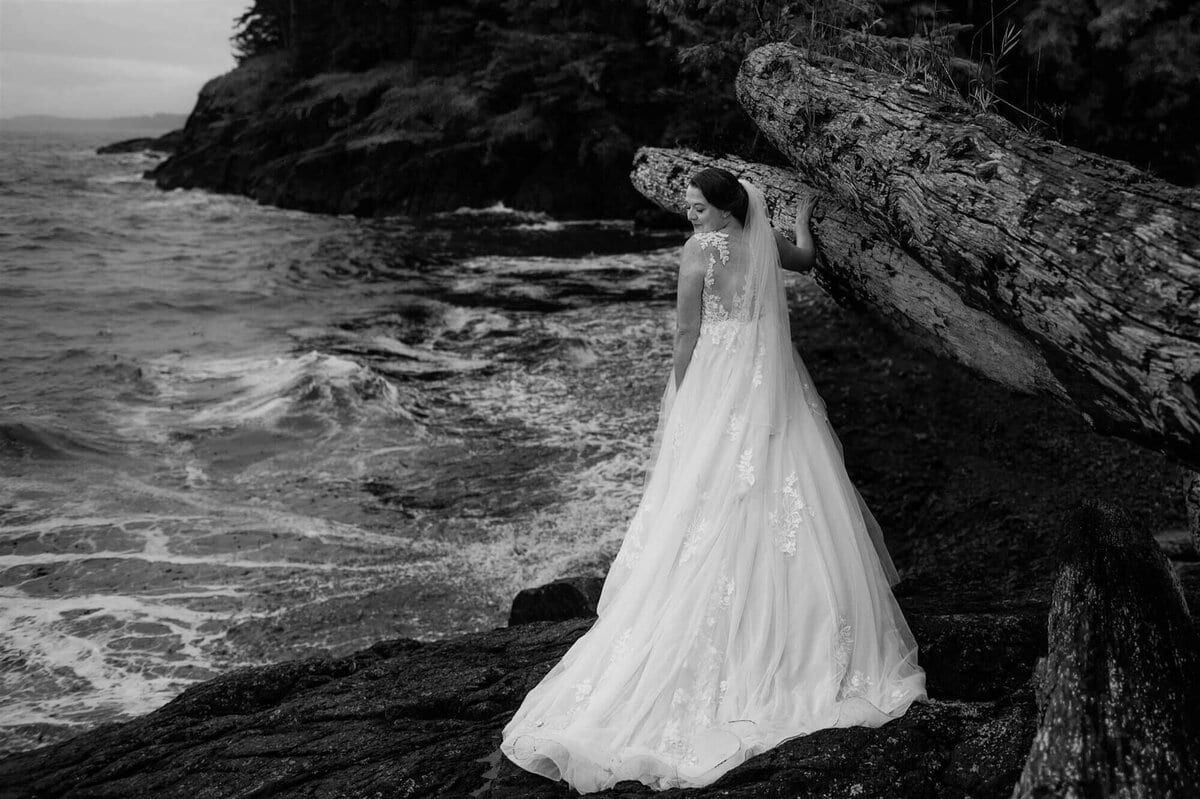 Bride in a full tulle gown on storm-washed rocks beneath driftwood