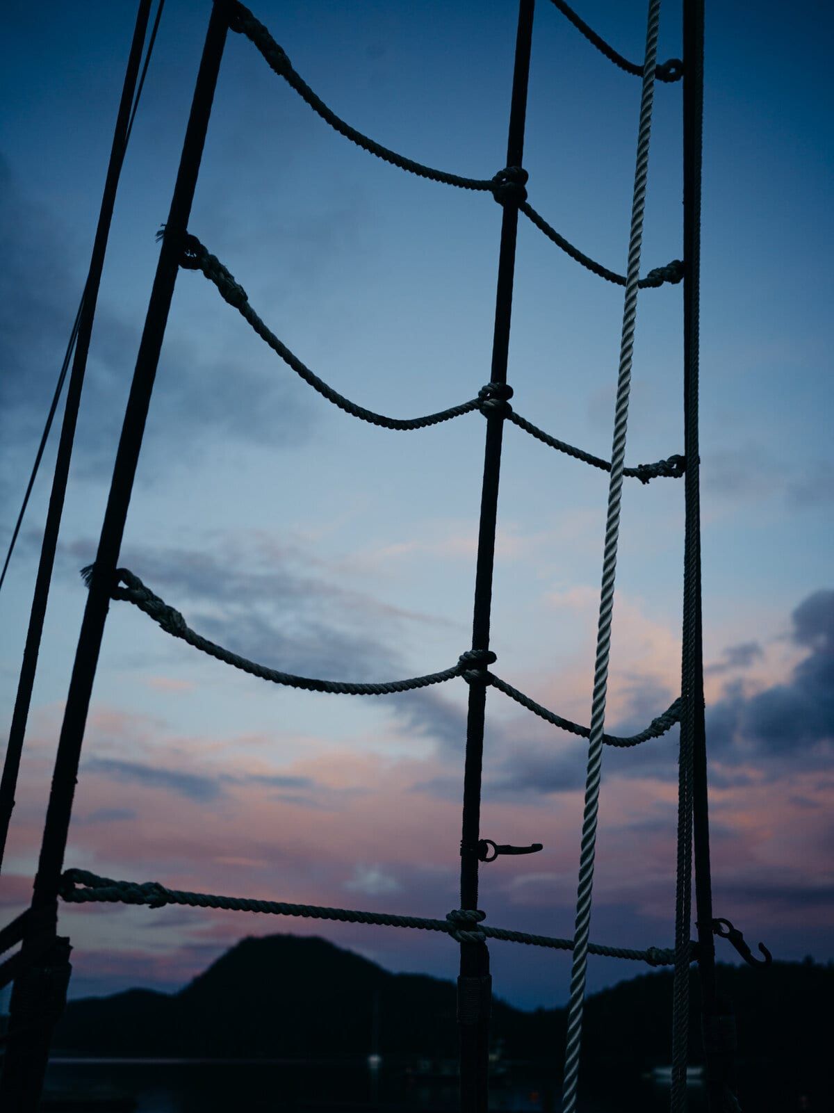 Rope ratlines silhouetted against a pink and blue dusk sky