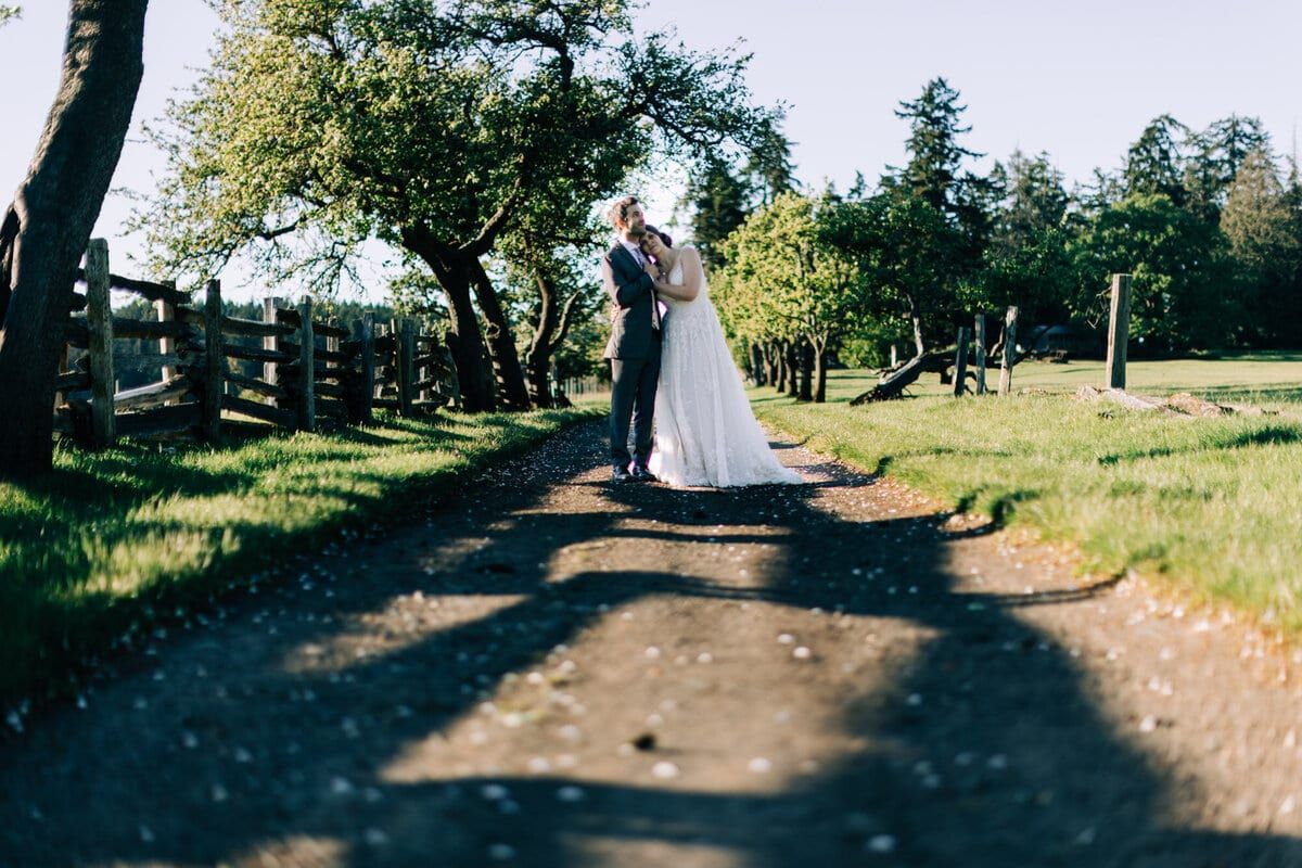 Newlyweds pausing for a kiss beneath old orchard trees