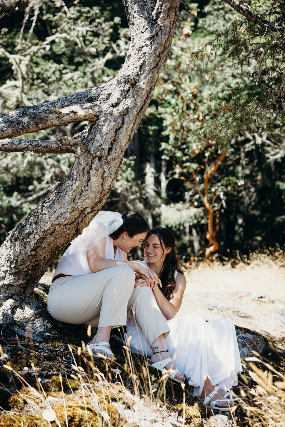 Two brides sharing a quiet moment beneath a leaning tree