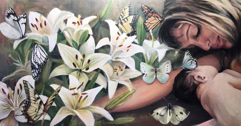 Painting of a mother nursing her baby among lilies and butterflies