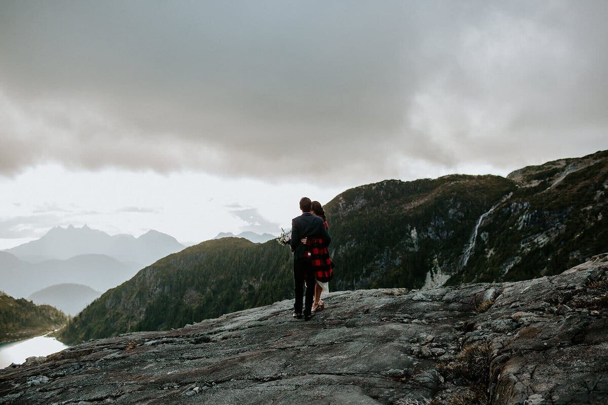 Two figures huddled on a clifftop above a mountain lake