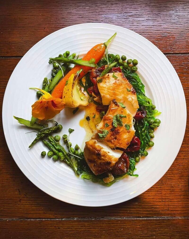 Roast chicken entree with spring vegetables by The Fridge Light