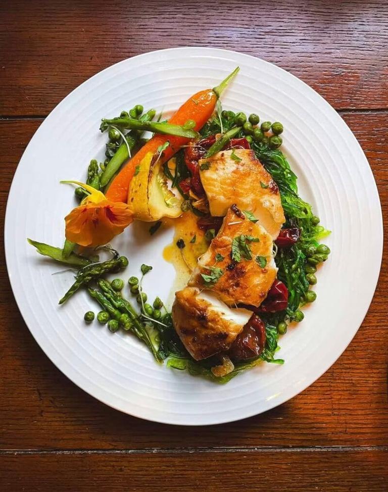 Roast chicken entree with spring vegetables by The Fridge Light