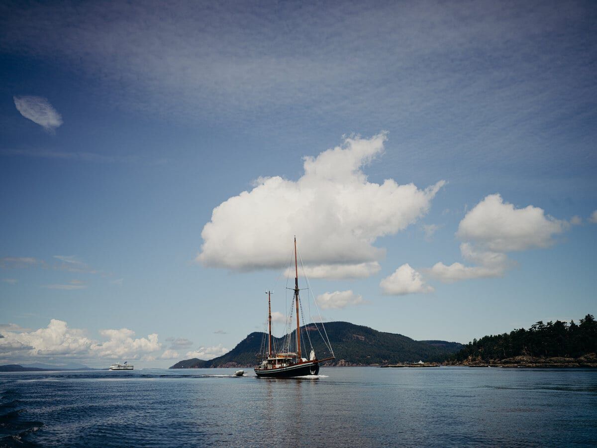 Tall ship Providence at anchor, a west coast sailboat wedding venue