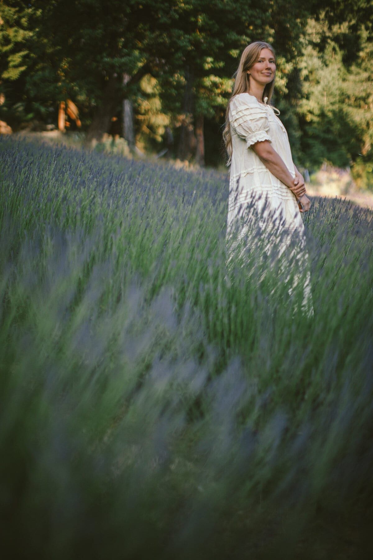 Bride in cream standing among blooming lavender rows at dusk